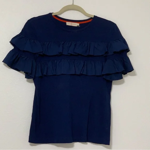 Tory Burch Lennox Ruffle Tee in Navy Blue size small - Picture 4 of 8